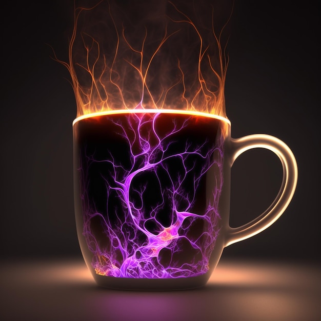 Taza de café Arafed con una luz púrpura y amarilla dentro de ai generativo