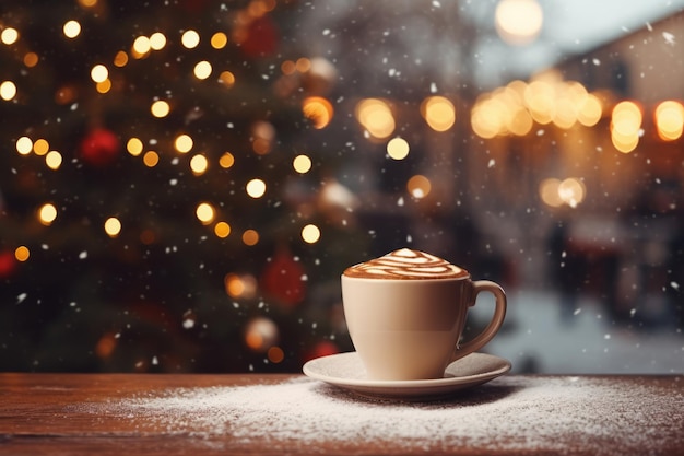 Taza de café con árbol de Navidad y fondo bokeh