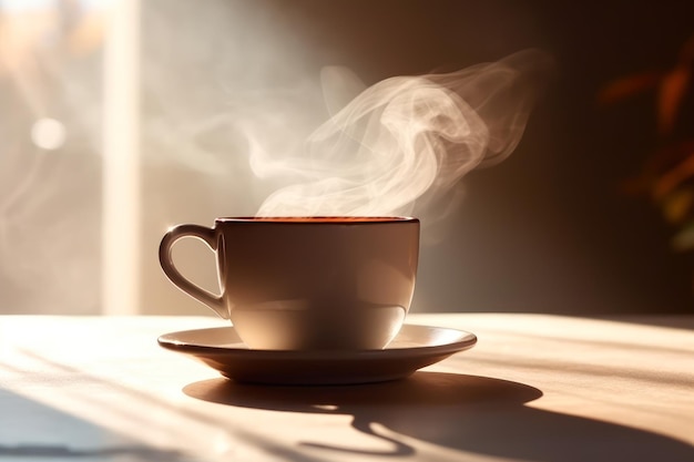 Una taza de café de aroma caliente con los rayos del sol por la ventana generativa ai