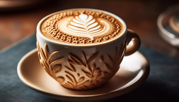 La taza de café aromática en la mesa de madera es una bebida espumosa que brinda relajación generada por la inteligencia artificial