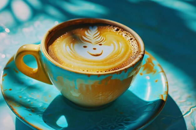 Taza de café con arte latte en el fondo azul