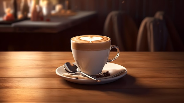 Taza de café con arte latte en forma de corazón en una mesa de madera