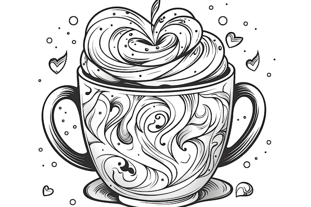 Taza de café con arte latte en forma de remolinos y corazones IA generativa