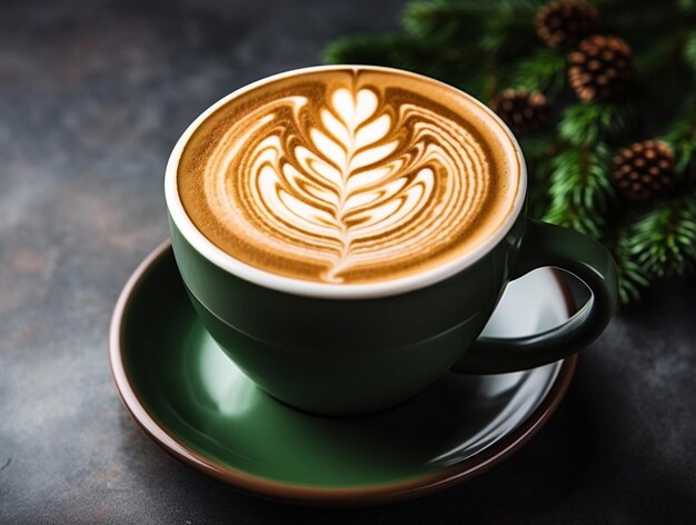 Taza de café de arte latte con hojas de pino del árbol de Navidad en el fondo concepto de invierno de Navidad