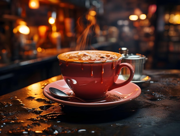 Taza de café con arte latte en una mesa de madera en una cafetería