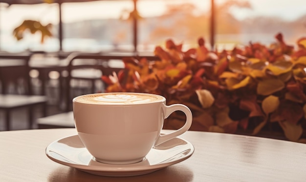 Una taza de café con arte latte en un platillo rodeado de luz cálida que invoca un ambiente cálido de la mañana