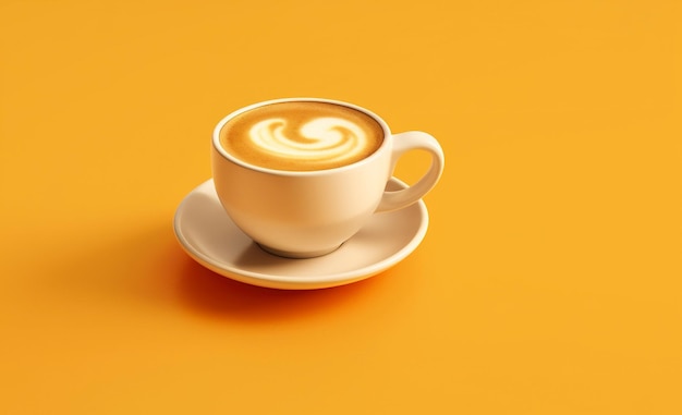 Taza de café con arte latte sobre fondo naranja y espacio de copia