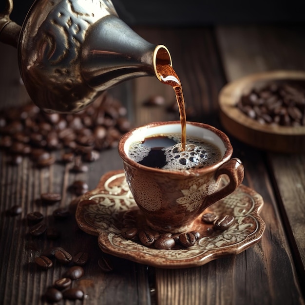 Una taza de café con un asa dorada vertiendo café en ella.