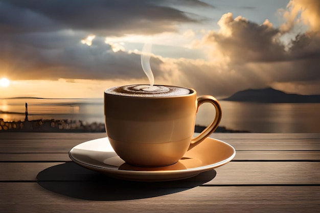 Una taza de café con un atardecer de fondo