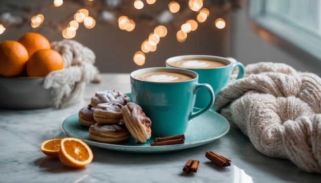 Foto una taza de café azul con una cuchara en ella se sienta en un plato con una rosquilla y una naranja