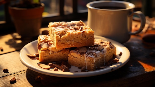 Taza de café y baklava dulce en mesa de madera ai generativo