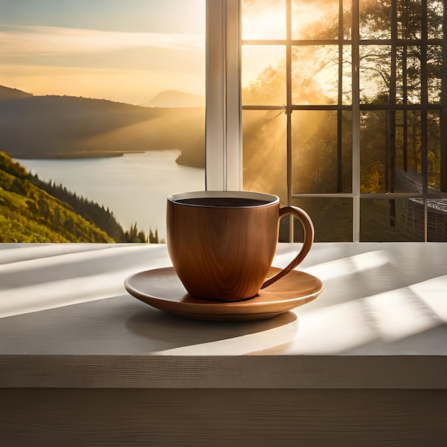 una taza de café en una bandeja con la puesta de sol detrás de ella.