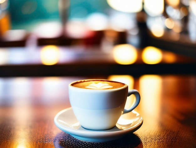 Una taza de café en la barra de un bar