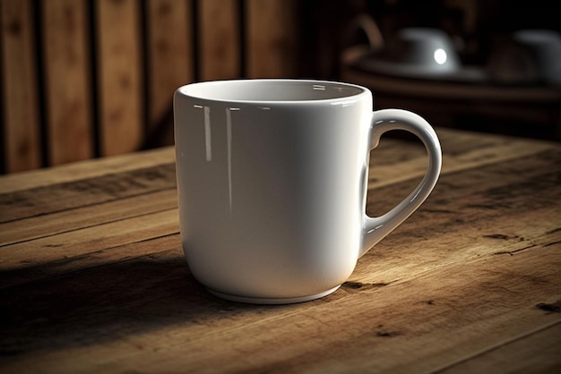 Taza de café blanca en blanco para acampar en la mesa de madera Taza de café Maqueta de impresión bajo demanda