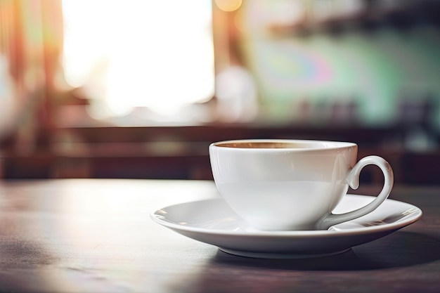 Taza de café blanca de cerámica sobre una mesa de madera en un acogedor café con fondo borroso y bokeh