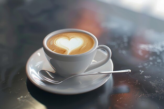 Foto una taza de café blanca con un corazón dibujado en ella se sienta en un plato blanco