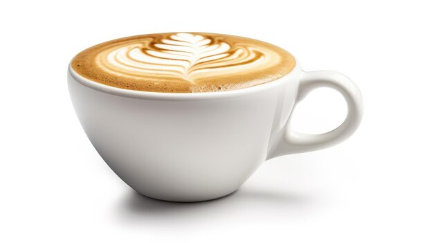 Una taza de café blanca con un diseño de corazón en el borde.