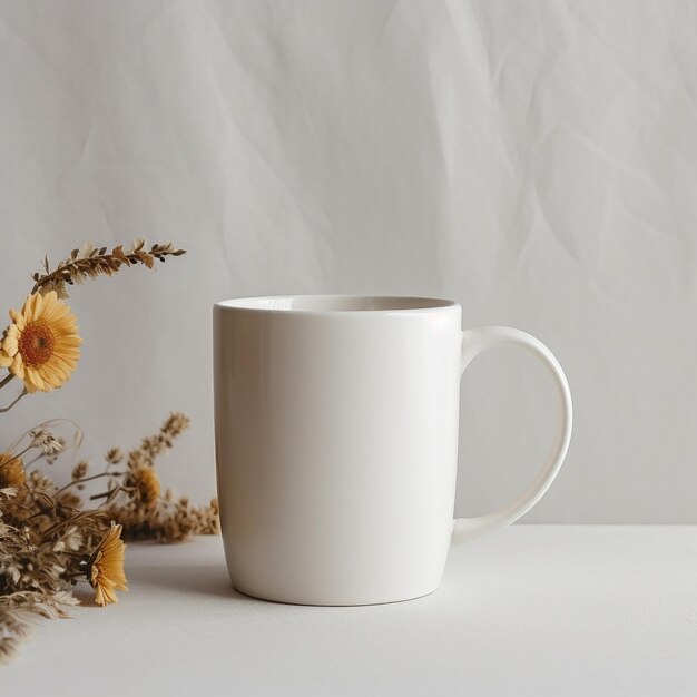 una taza de café blanca con una flor en el medio