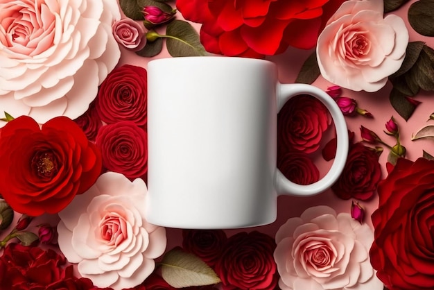 Una taza de café blanca con una flor roja en el medio.