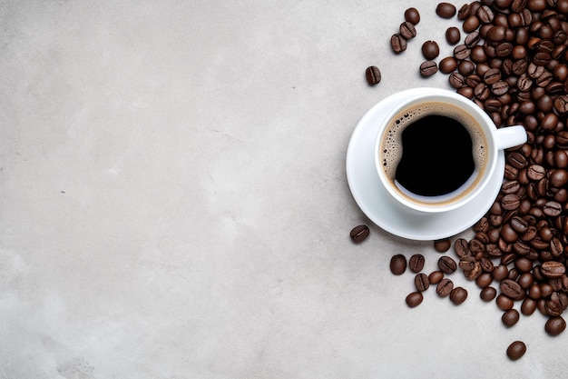 Taza de café blanca con frijoles aislados en un fondo de hormigón gris Ai Vista superior con espacio de copia