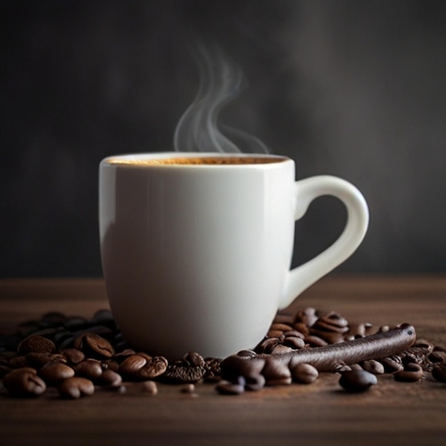 una taza de café blanca con granos de café y un grano de café en una mesa