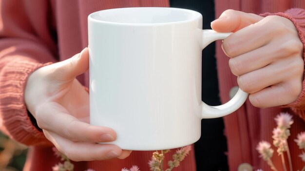 Taza de café blanca con mano con espacio personalizable para la maqueta