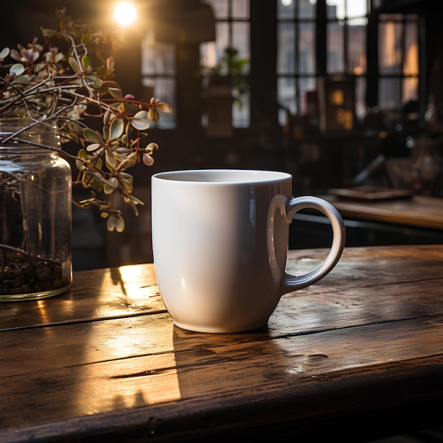 Una taza de café blanca en una mesa de madera afuera