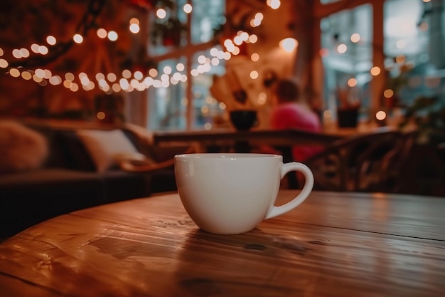 Taza de café blanca en una mesa de madera en una cafetería acogedora con fondo borroso y bokeh