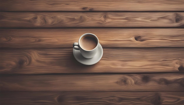 Taza de café blanca en una mesa de madera