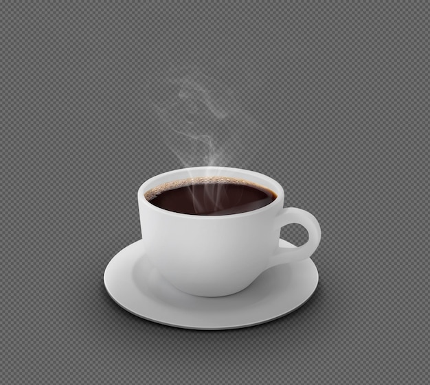 Taza de café blanca realista con humo aislado en una copia de fondo transparente