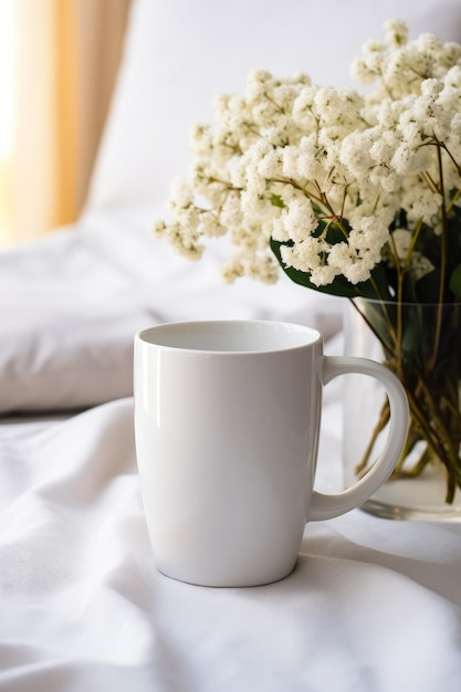 Taza de café blanca sentada en la cama junto a un jarrón de flores IA generativa