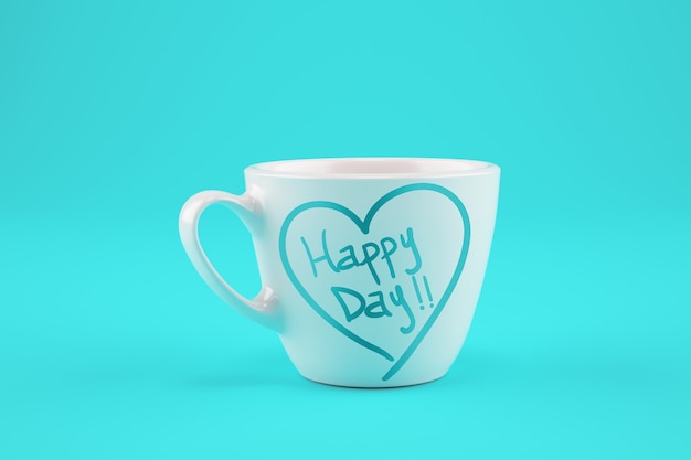 Taza de café blanca sobre un fondo cian con deseos de un día feliz.