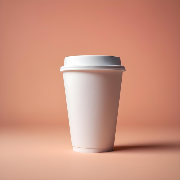 una taza de café blanca con una tapa blanca se sienta en una mesa