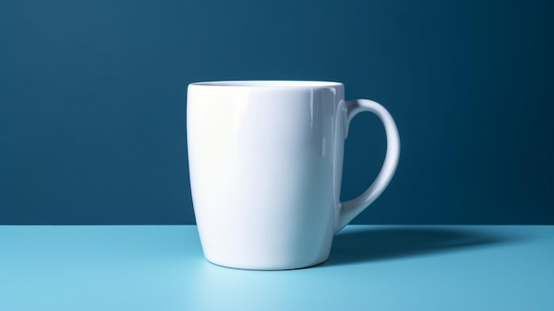 Taza de café blanca vacía aislada sobre fondo azul