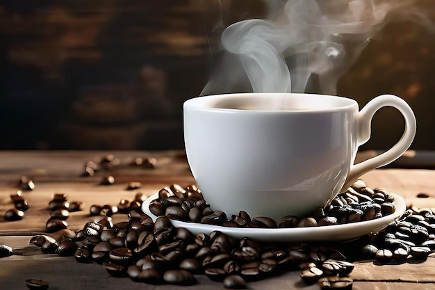 Foto una taza de café blanco caliente y humo con granos de café