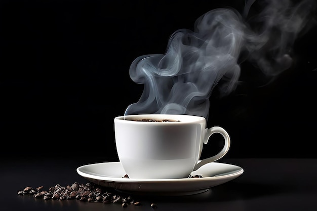 Foto una taza de café blanco caliente y humo con granos de café