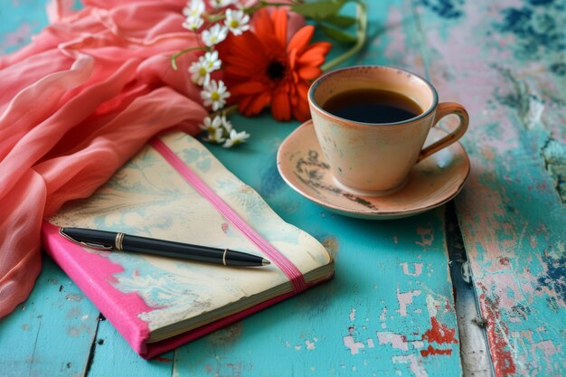 Taza de café y bolígrafo de cuaderno en colores vibrantes Concepto de vida muerta o educación IA generativa