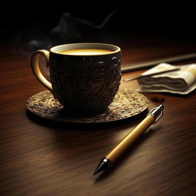 taza de café y bolígrafo sobre la mesa