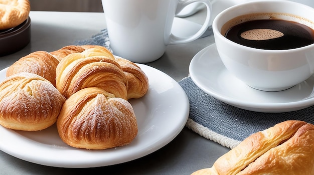 Una taza de café con bollería recién horneada