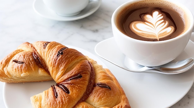 Una taza de café con bollería recién horneada