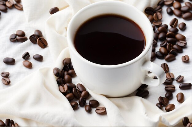 Foto una taza de café y una bolsa de granos de café en la mesa 11