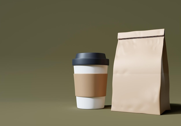 taza de café y bolsa de papel fondo marrón 3d render