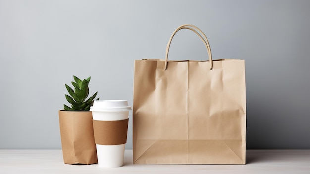 Taza de café y bolsa de papel con planta en mesa de madera Cero productos de desperdicio