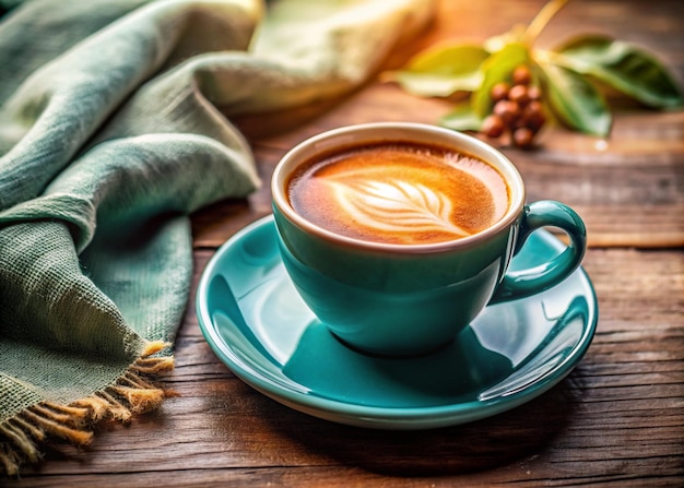 una taza de café con una bufanda en la mesa