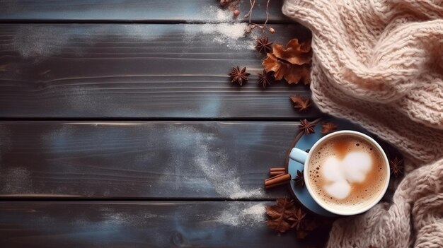 una taza de café con una bufanda en la mesa.