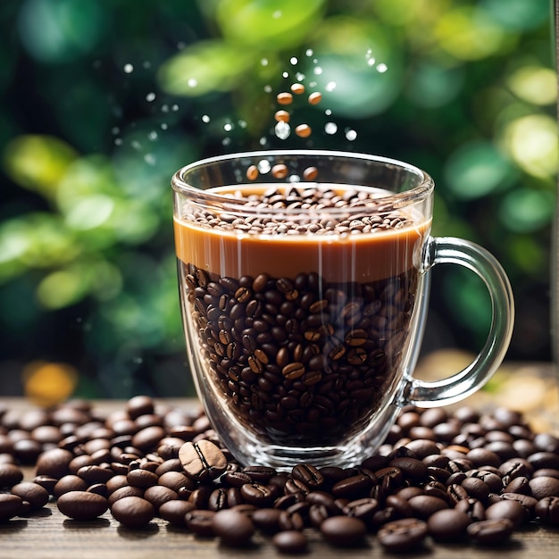 Taza de café con café caliente en un jardín de café, los granos de café caen al azar