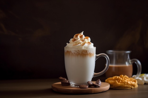 Una taza de café con un café con leche con mantequilla de maní y un vaso de café.