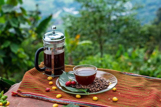 Taza de café y cafetera en composición con granos de café y semillas y fondo de bosque