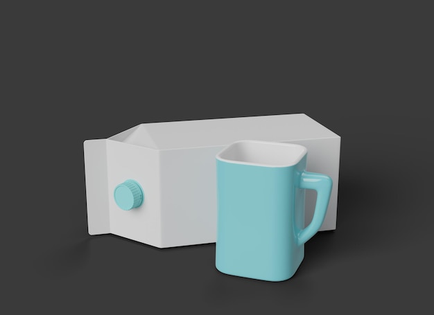 Taza de café y caja de leche 3D Render Mockup para presentación, identidad de marca y creativos.