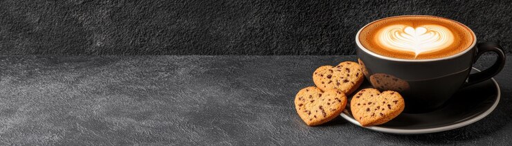 Taza de café caliente con arte de latte de corazón y galletas deliciosas en un fondo de textura oscura
